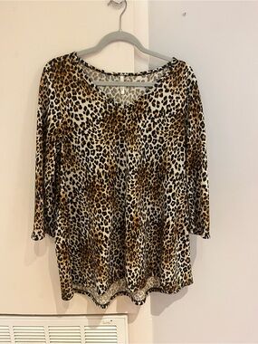 Voll Style Leopard Print V-Neck Blouse - Brown/Black/Cream